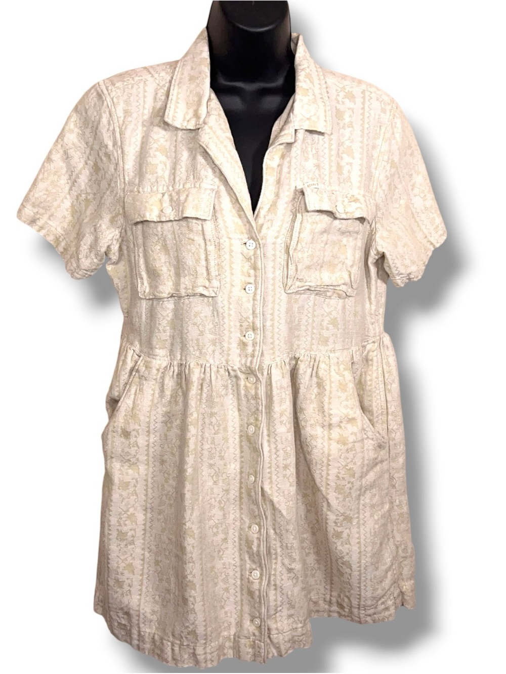 Small Roark Linen Organic Cotton Blend Dress Tunic  Beige Pockets Boho Bohemian